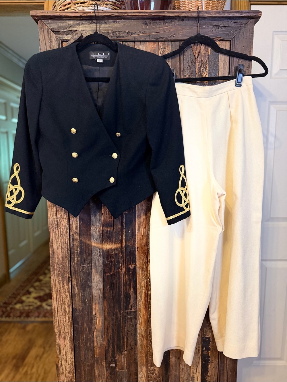 Vintage 80s BICCI Florine Wachter Wool Pant Suit Size 4 Black Gold Ivory USA